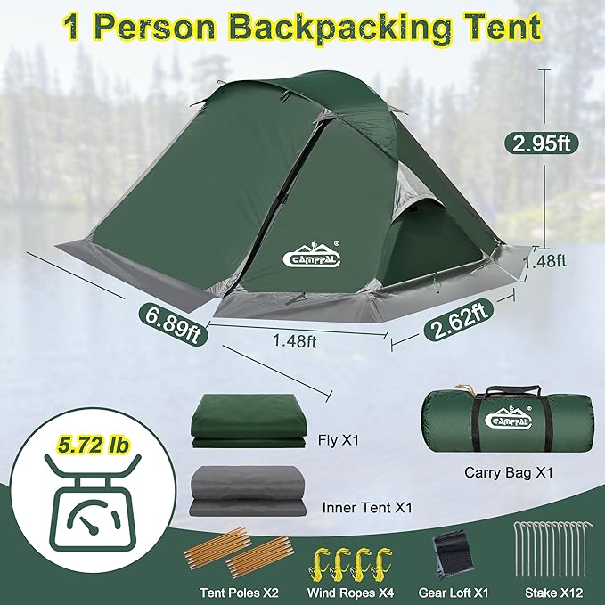 1 Person Backpacking Tent, Waterproof 4 Season Tent, Lightweight Cold Weather Tent Easy Setup for Winter Hiking, Camping, Hunting