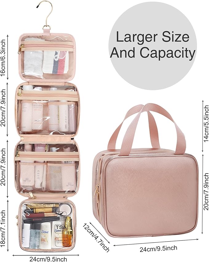 Travel Makeup Bag Hanging Toiletry Bag for Women Men TSA Approved Clear Bag Toiletries Waterproof Cosmetic Bag Toiletry Bag Travel Toiletry Organizer for Bathroom Shower, Rose Gold