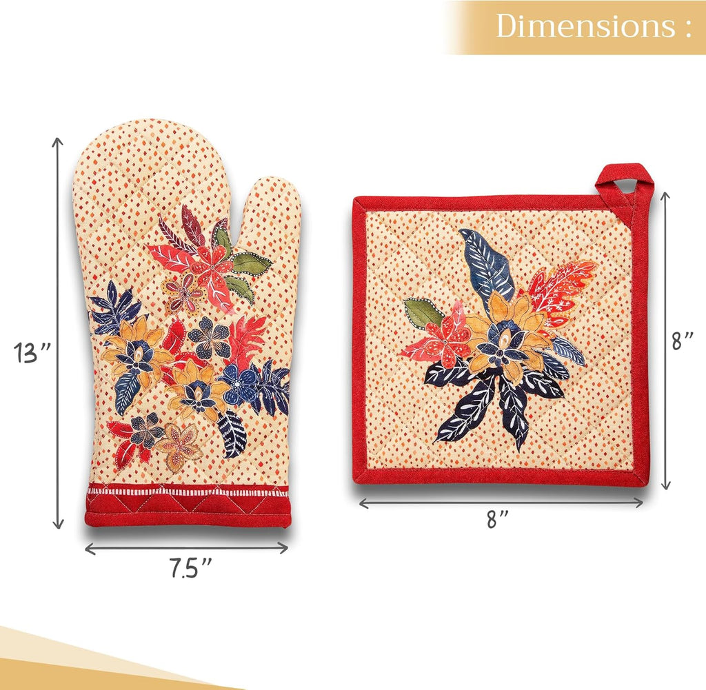 Maison d' Hermine 100% Cotton Oven Mitt & Pot Holder Set (7.5"x13" & 8"x8") Heat Resistant BBQ Cooking Gloves with Loop, Baking, Grilling, Kitchen, Handling Hot Pans (Kalahari)