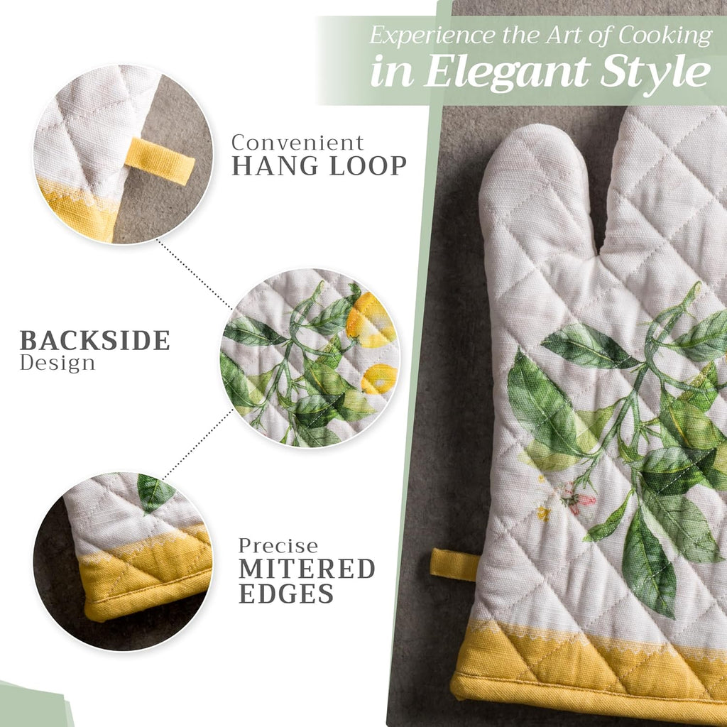 Maison d' Hermine 100% Cotton Oven Mitt & Pot Holder Set (7.5"x13" & 8"x8") Heat Resistant BBQ Cooking Gloves with Loop, Baking, Grilling, Kitchen, Handling Hot Pans Spring/Summer (Limoncello)