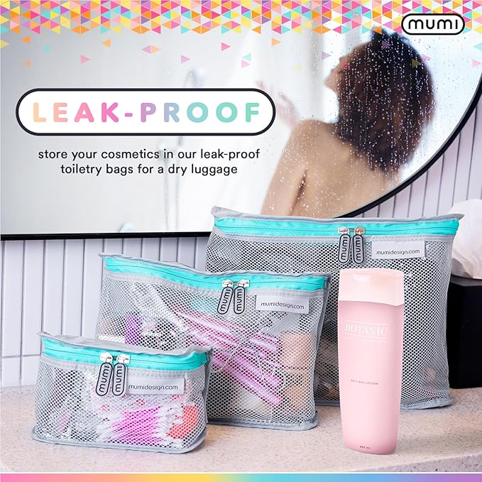 MUMI Travel Toiletry Bag Set of 3 – Clear TSA Approved Toiletry Bags for Women – Reusable Water-Resistant Makeup Organizer Pouches for Skincare, Cosmetics, Travel Accessories, Airport Packing - Blue