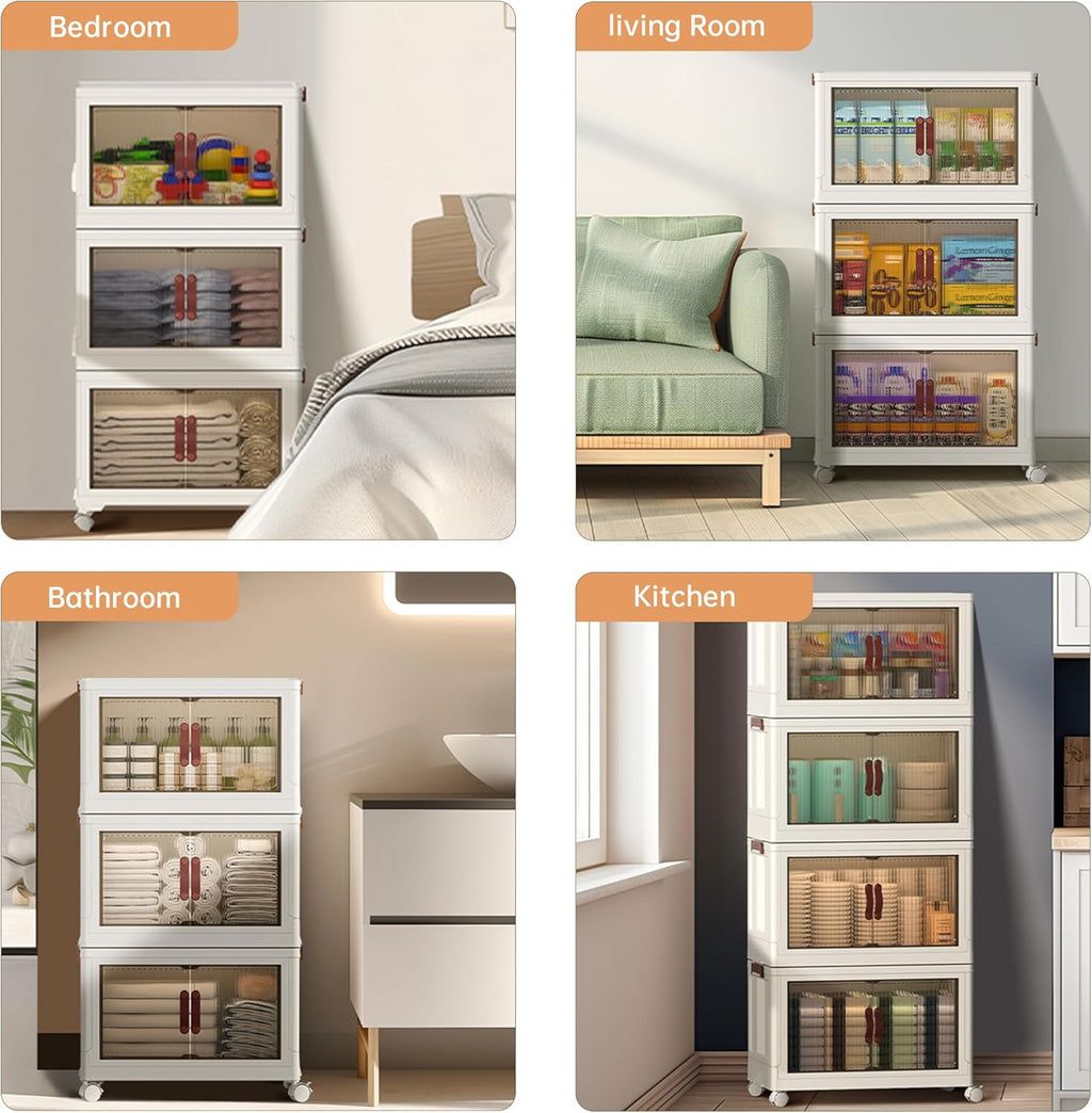 YUFER 3 Tier Box Plastic Stackable Folding Storage Bins with Lids and Doors,360/480 QT Open Front Storage Bins Organizers for Bedroom Clothes - 1 Box 120 QT White