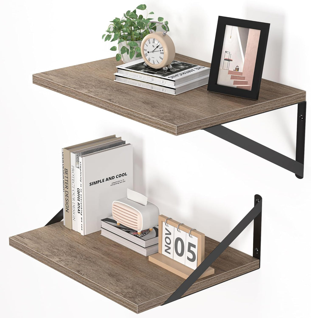 Heimlove Deep Floating Shelves for Wall, 16W x 12D Rustic Grey Wood Wall Shelves Set of 2, Large Floating Shelf for Living Room, Kitchen, Office, Bedroom and Decor Storage, with Metal Bracket - Grey