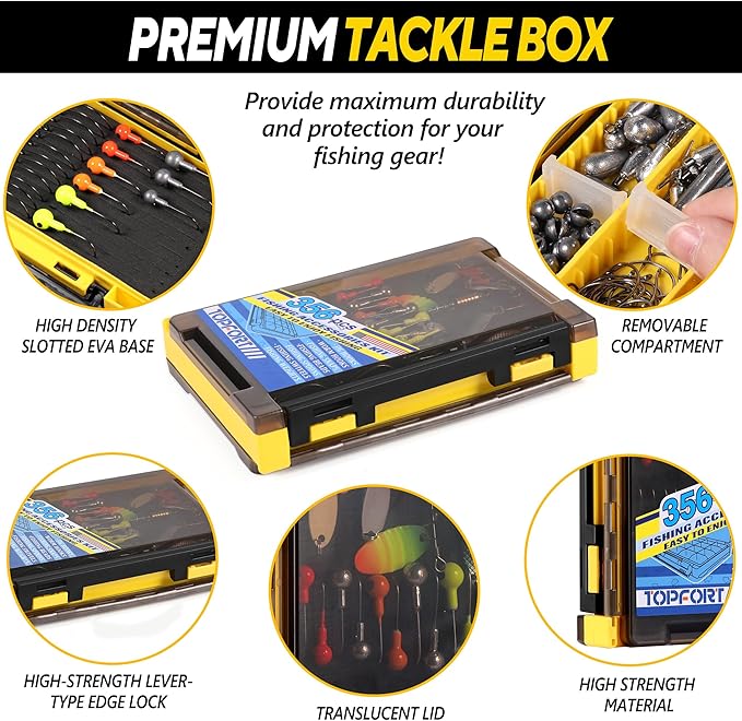 TOPFORT 187/343pcs Fishing Accessories Kit, Organized Fishing Tackle Box with Tackle Included, Fishing Hooks, Fishing Weights Sinkers, Fishing Gear and Equipment, Fishing Gift for Men