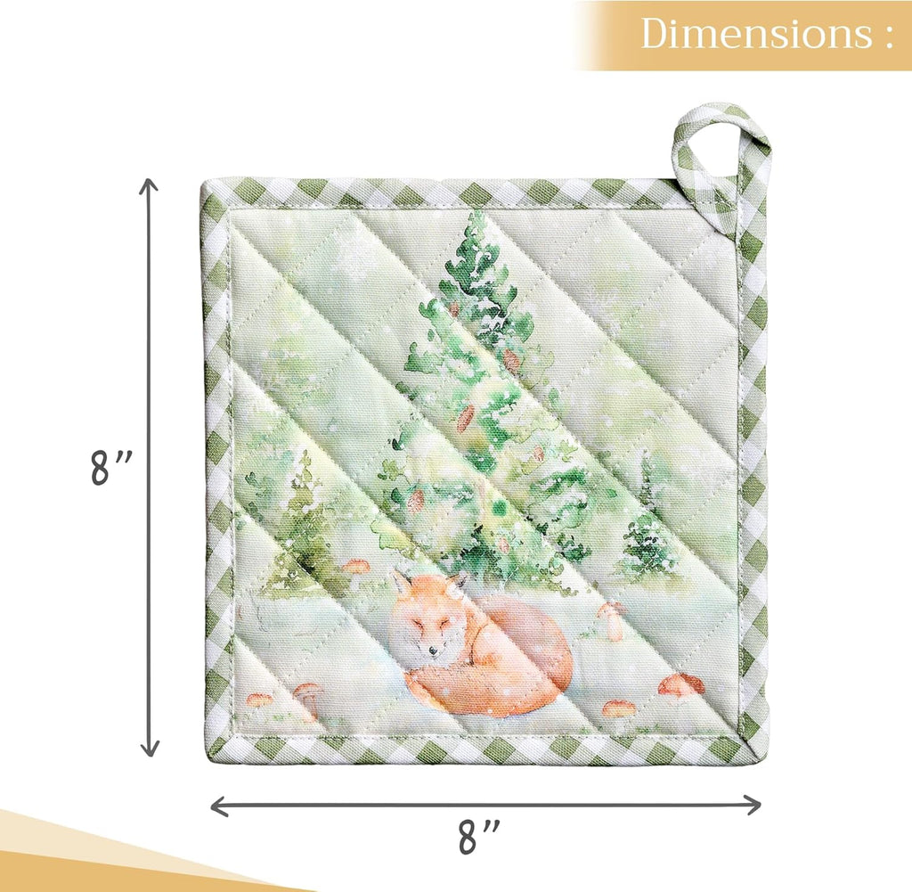 Maison d' Hermine Pot Holders Set 100% Cotton Heat Resistant Potholders 8" x 8" Hot Pads with Loop BBQ, Cooking, Baking, Grilling, Kitchen, Handling Hot Pans (Pack of 2, Winter Mornings)