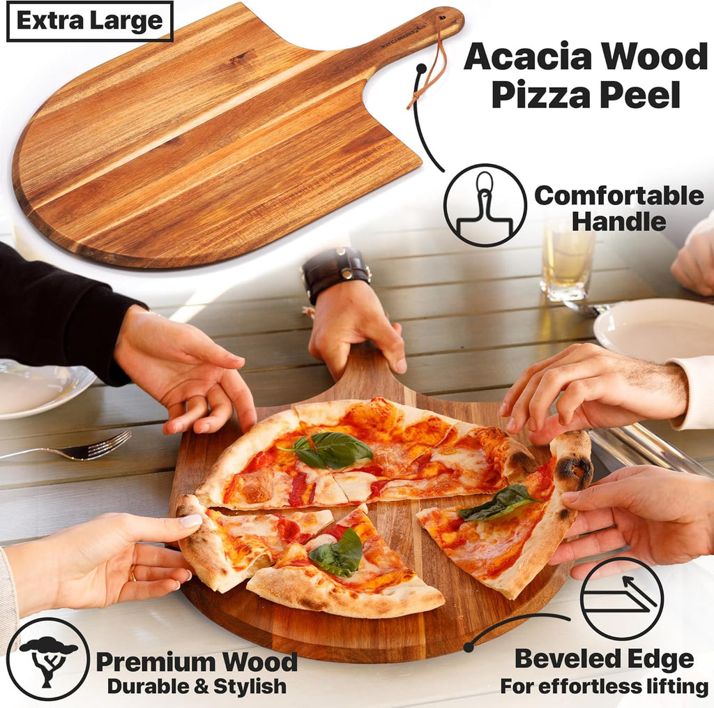 KitchenStar 16-inch Pizza Making Set, 4 Essential Tools - Pizza Stone + Stainless Steel Rack, Acacia Wood Pizza Peel, Pizza Cutter Rocker + Protective Cover, Metal Brush - Oven & Grill Accessories Kit
