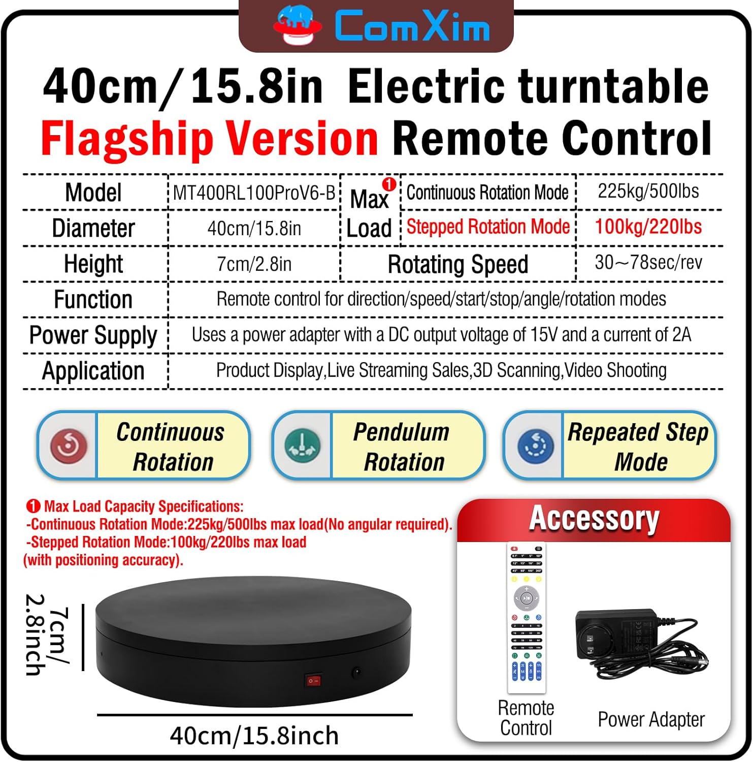 15.8In Remote Motorized electric turntable Rotating platform Photography Turntable Motorized lazy susan Base giratoria para for Photography,3D Scanner,Heavy duty display(Load Range:220~500lbs)