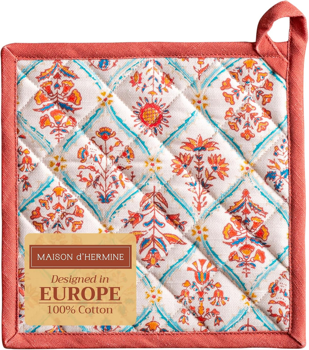 Maison d' Hermine Pot Holders 100% Cotton Heat Resistant Potholders 8" x 8" Hot Pads with Loop BBQ, Cooking, Baking, Grilling, Kitchen, Handling Hot Pans (Pack of 1, Romane)