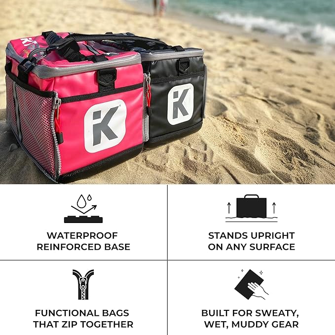KitBrix Waterproof Sports Duffel Bag, Personal Item Travel Bag 15.3" x 9.4" x 9.4" - Solid Base - Built for Wet, Muddy Gear - Multi-Use Swimming, Gym, Soccer, Camping, Triathlon Transition Bag - Pink