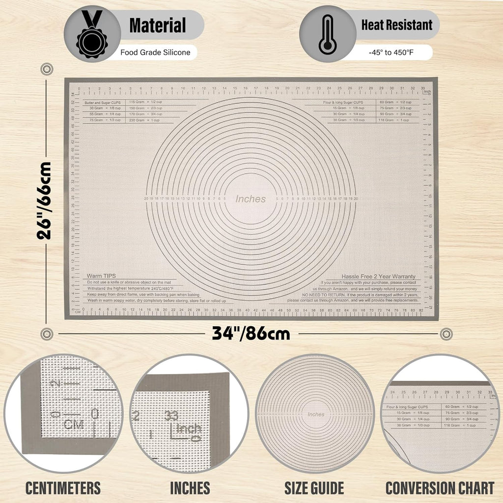 Silicone Pastry Mat 36x24 Inch - Kitchen Counter Nonstick Baking Mat Perfect for Dough, Pastry, Pie Crust, Fondant, Bread, Cookies, Pasta, Pizza