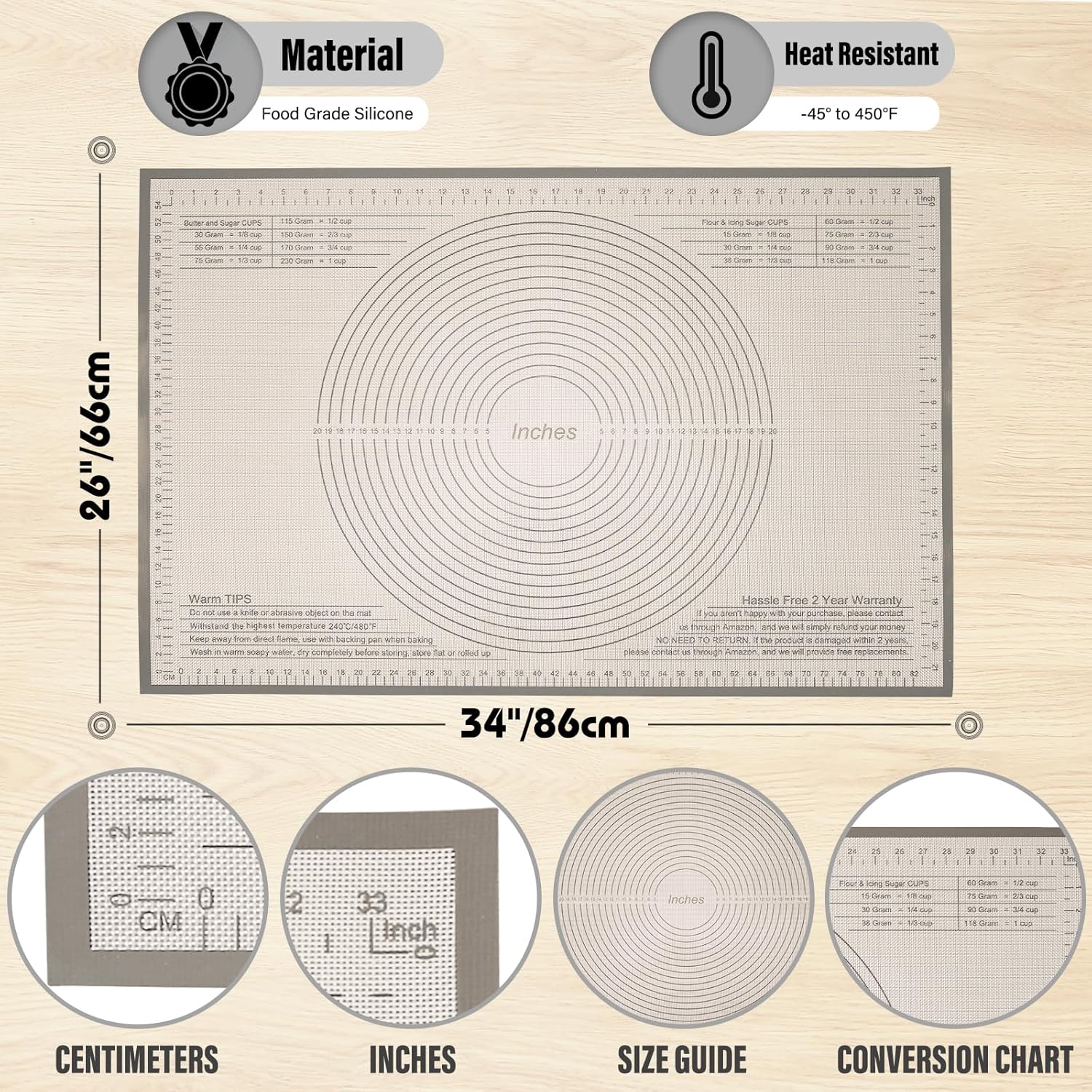 Silicone Pastry Mat 34 X 26 Inch - Nonstick Baking Mat Perfect for Dough, Pastry, Pie Crust, Fondant, Bread, Cookies, Pasta, Pizza