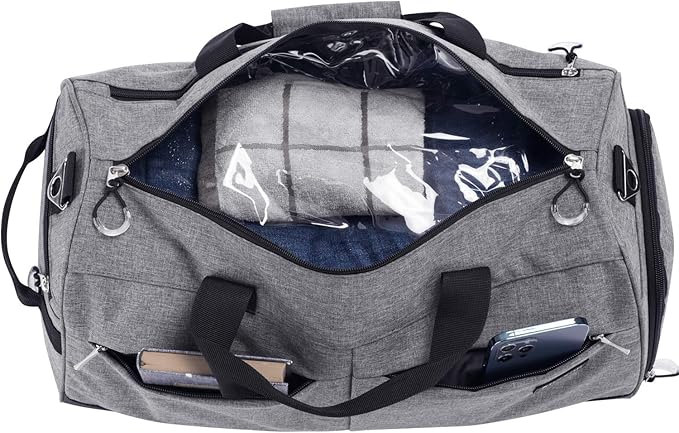 Kuston Sports Gym Bag with Shoes Compartment &Wet Pocket Gym Duffel Bag Overnight Bag for Men and Women-Grey