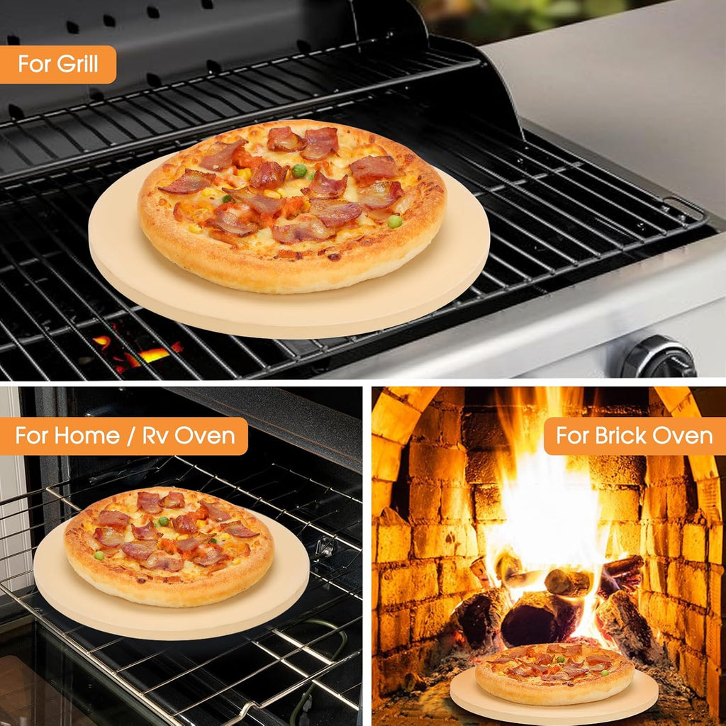 Small 10 inch Round Pizza Stone,for RV Camper Oven,Round baking stone Grill,Can make pizza, bread, pies,BBQ, Durable and Safe, Give away Plastic Scraper