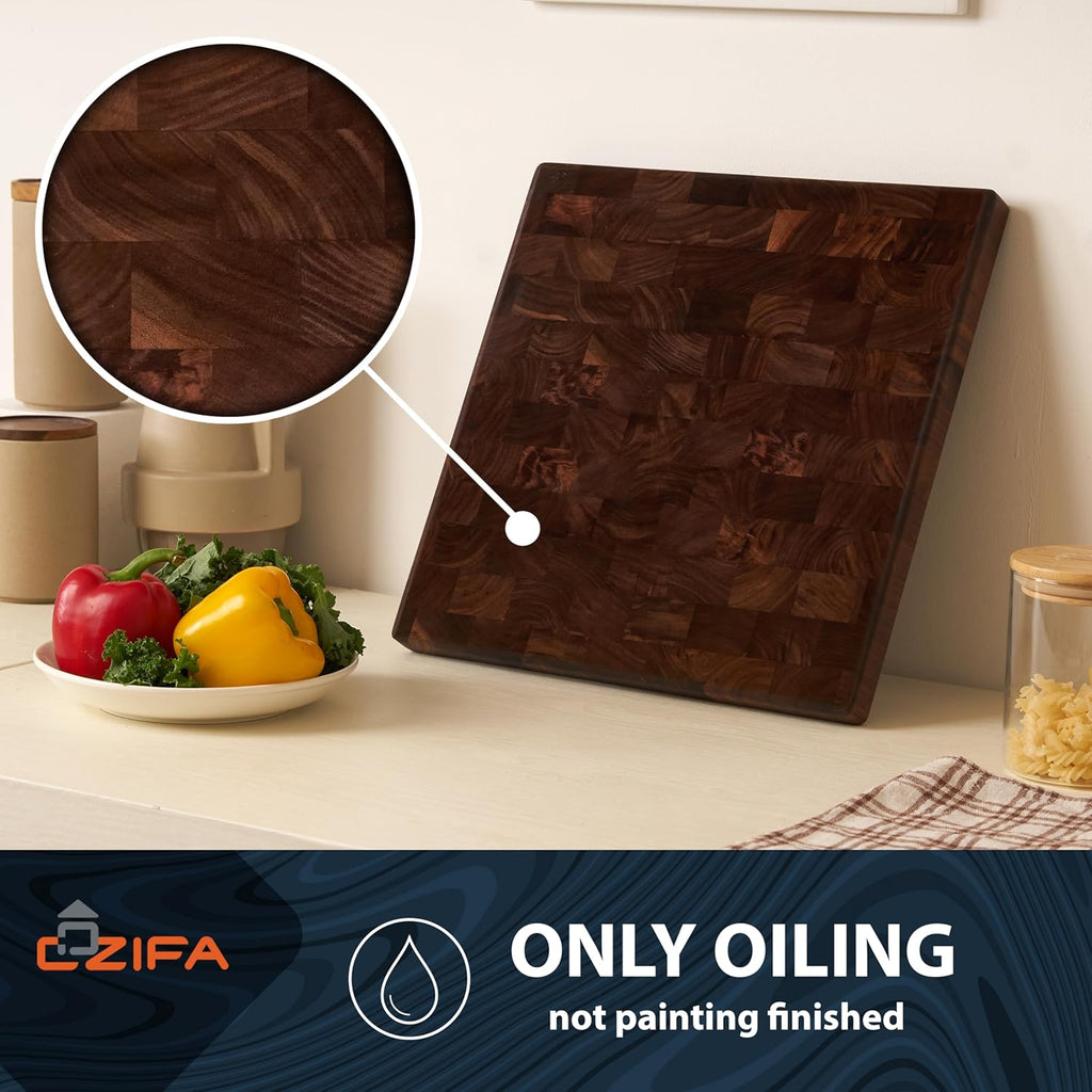 American Dark Walnut Wood Cutting Board Large, Square 14x14 x1.2in for Kitchen and End Grain Butcher Block Finished with Linseed Oil, Beeswax, Carnauba wax & Lemon Oil
