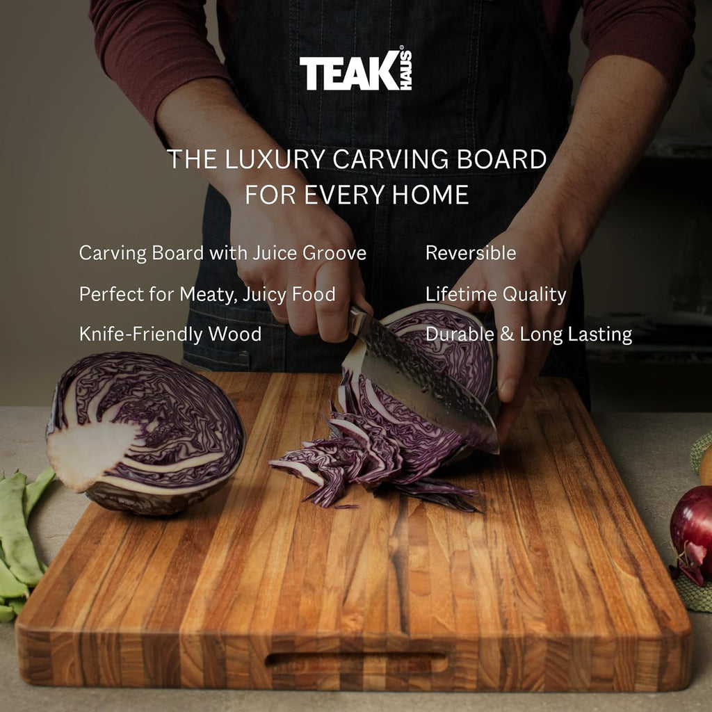Teakhaus Cutting Board - Extra Large (XL) Wood Cutting Board with Grip Handles - Reversible Teak Edge Grain Wood - Knife Friendly - FSC Certified