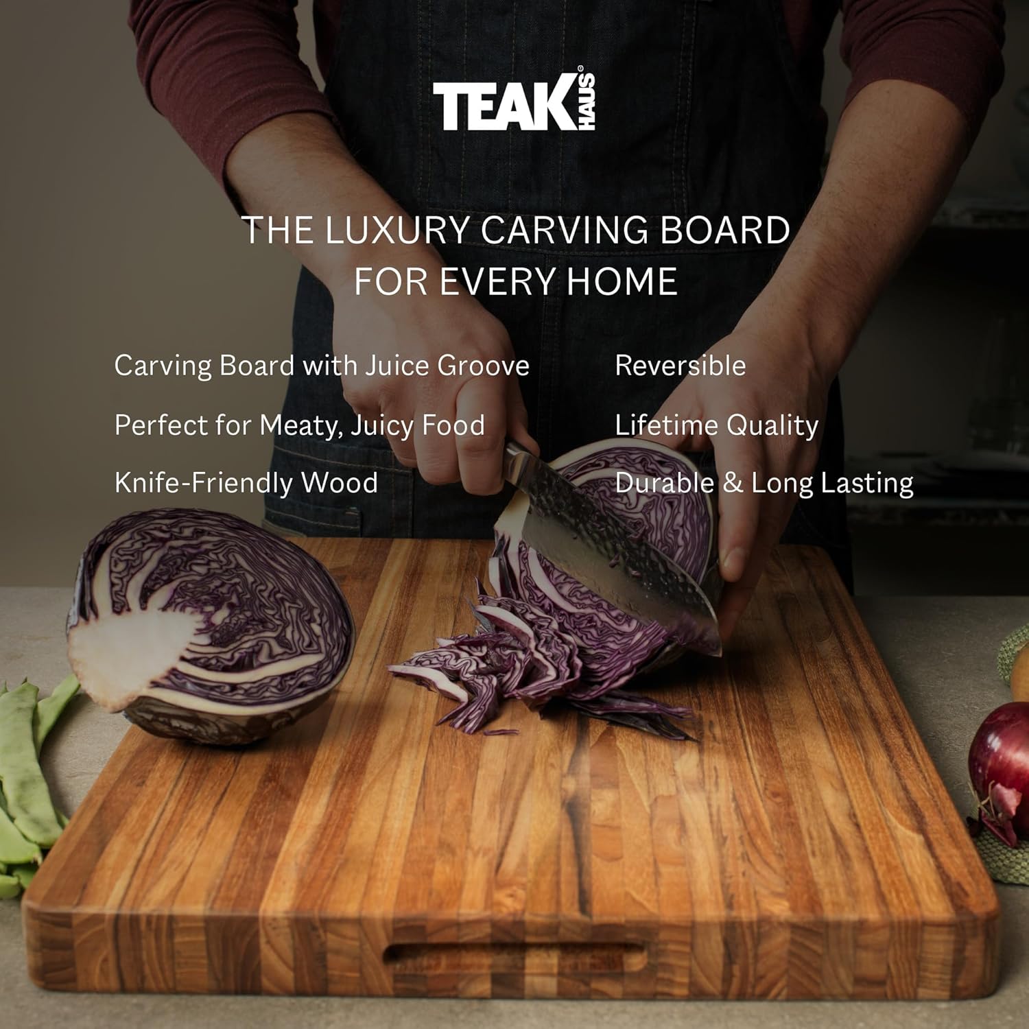 Teakhaus Cutting Board - Extra Large (XL) Wood Cutting Board with Grip Handles - Reversible Teak Edge Grain Wood - Knife Friendly - FSC Certified