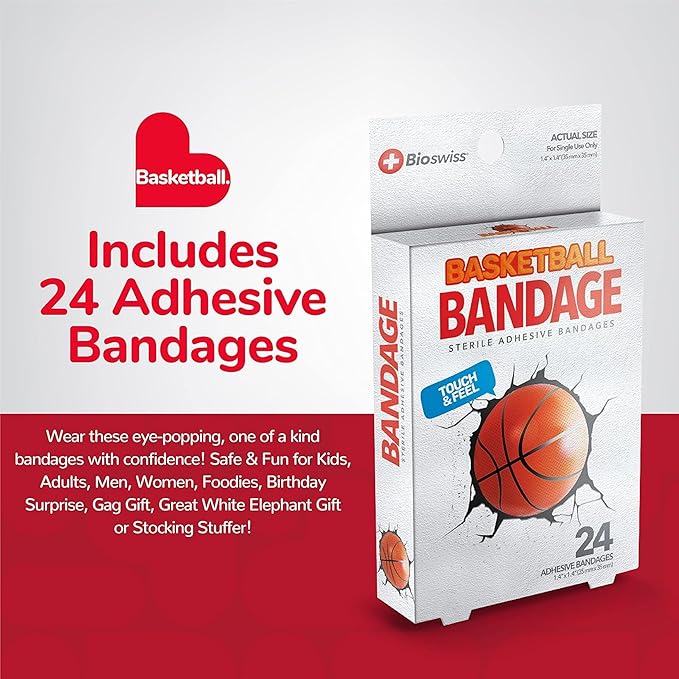 BioSwiss Bandages, Basketball Shaped Self Adhesive Bandage, Latex Free Sterile Wound Care, Fun First Aid Kit Supplies for Kids, 24 Count