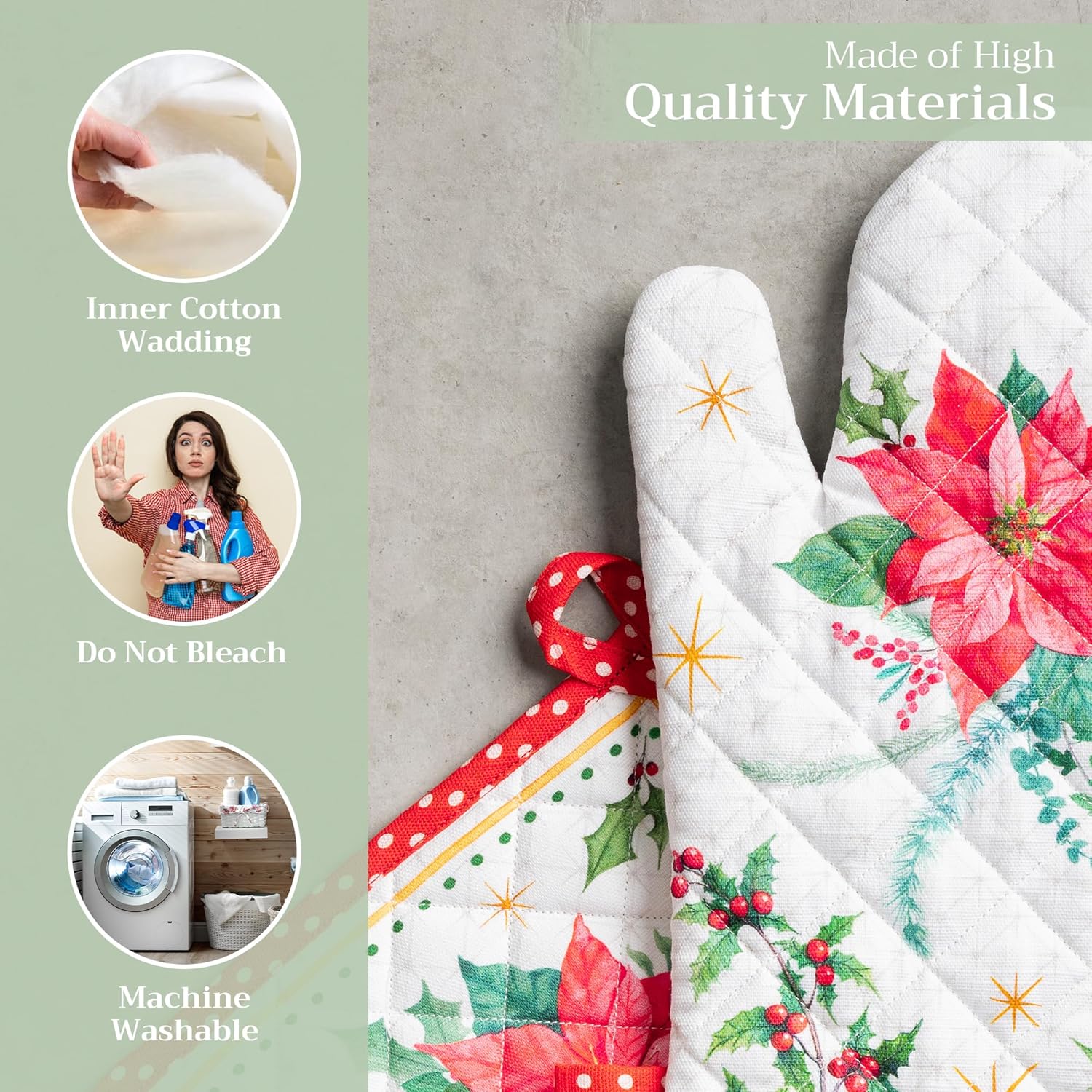 Maison d' Hermine 100% Cotton Oven Mitt & Pot Holder Set (7.5"x13" & 8"x8") Heat Resistant BBQ Cooking Gloves with Loop, Baking, Grilling, Kitchen, Handling Hot Pans (Poinsettia Christmas)