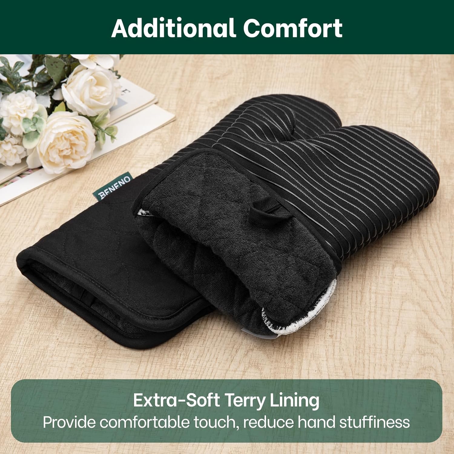 Beneno Kitchen Oven Mitts 2-Pack Heat Resistant to 500°F with Non-Slip Silicone Grip, Extra Long 14.3" Forearm Protection, Soft Quilted Cotton Terry Lining, Ideal for Cooking, Baking, Grilling, Black