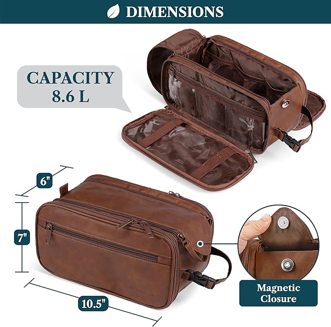 PAVILIA Large Toiletry Bag for Men Women, Mens Travel Bag Toiletries Organizer Case for Grooming, Travel Essentials Shaving Dopp Kit, PU Leather Water Resistant Cosmetic Pouch, Brown