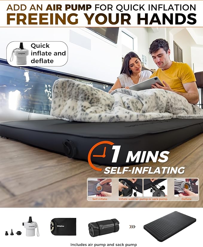 KingCamp Double Sleeping Pad, 2 Person Queen R 7.9 Self Inflating Sleeping Pad, 3" Thick Full Size Foam Mattress Mat with Air Pump for Outdoor Camping Tent Car, PVC Free (Black)