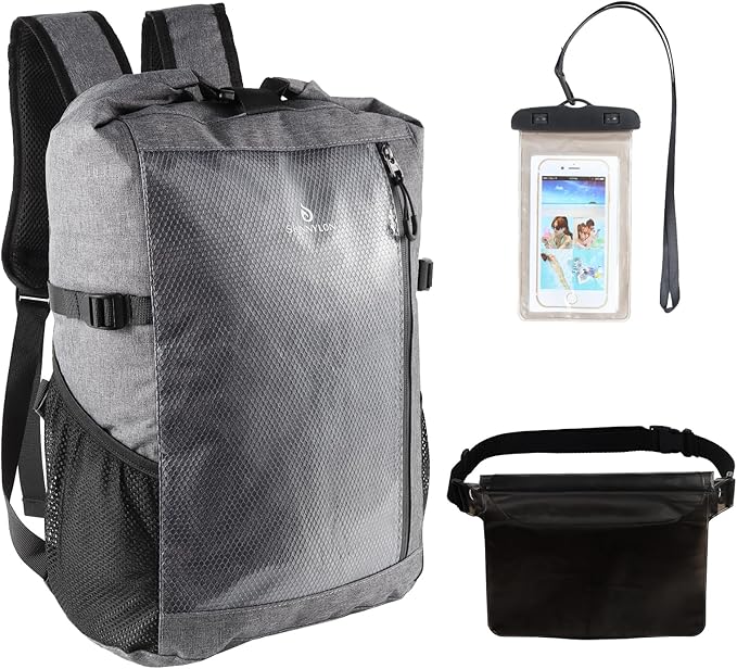 Dry Bag Backpack,25L Dry bags waterproof Kayaking, Waterproof bag with Waist Pouch and Phone Case,Waterproof Backpack Marine dry bag for Kayaking, Beach, Rafting, Boating (Gray)