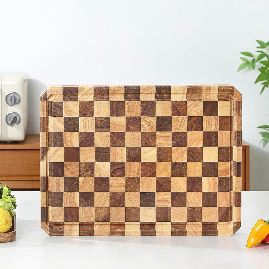 Large wood Cutting Board for Kitchen with Juice Handles ， Chopping Board Cheese Charcuterie Board (Checkered cutting board)