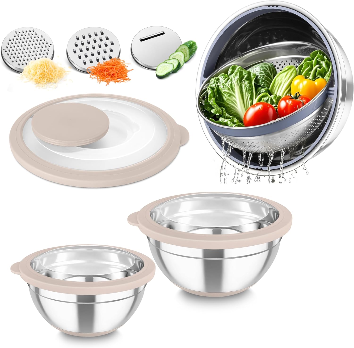 TeamFar Mixing Bowls with Colander Set, Stainless Steel Strainer and Nesting Salad Bowls, with Lids & 3 Graters, Non-Slip Bottom & Visible Lid, Rotatable & Dishwasher Safe, 4.6/3/1.5 QT, Khaki