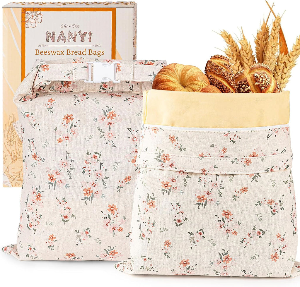 2-Pack Reusable Beeswax Bread Bags for Sourdough & Homemade Bread，Cotton Waxed Bags Keeps Fresh Longer(Crimson Bloom)