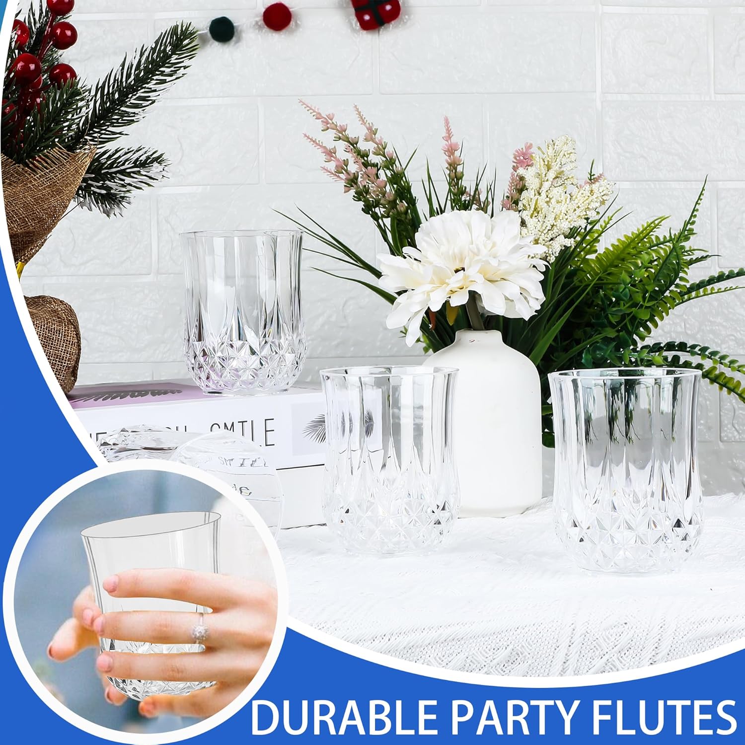 24 PCS Transparent Stemless Wine Glasses，Plastic Reusable Cups 9OZ Vintage Drinking Glasses Tumblers for Whisky, Beer, Juice, Beverages, Cocktai