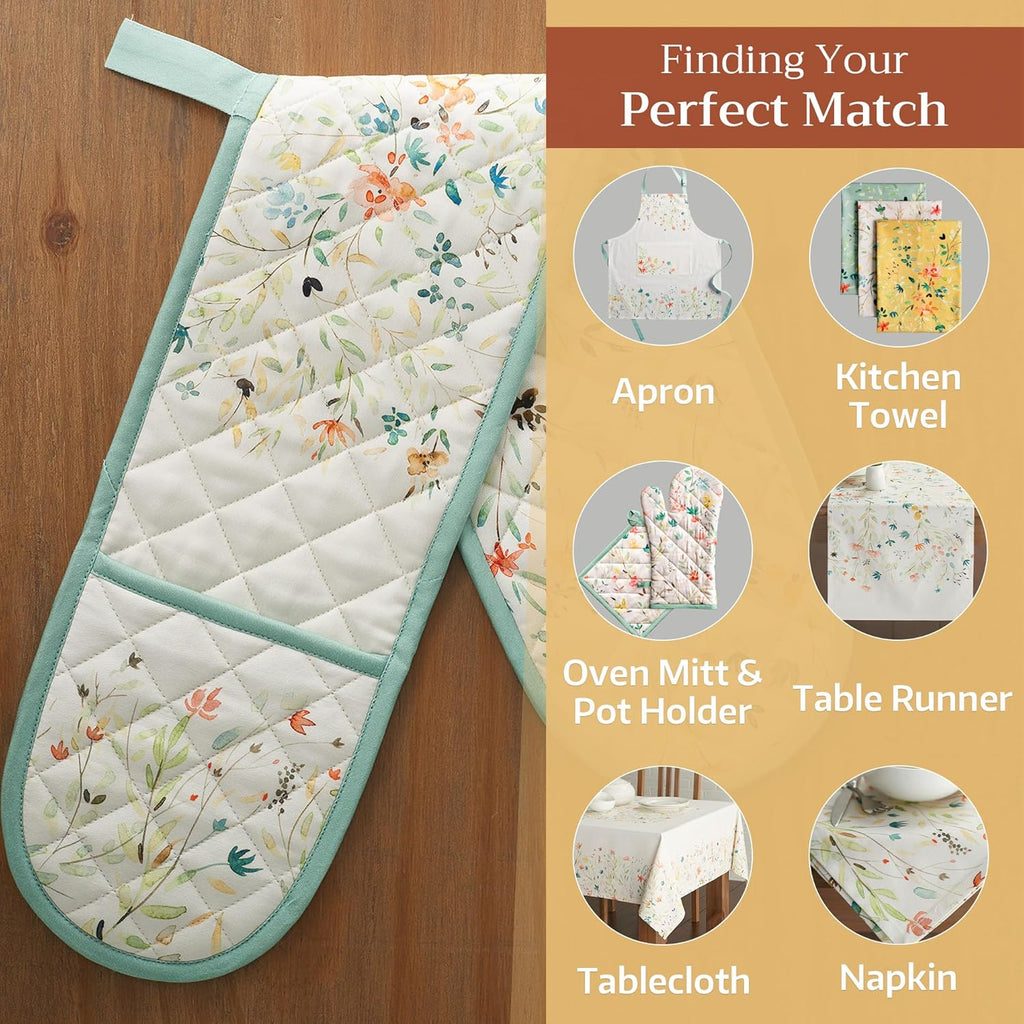 Maison d' Hermine Double Oven Mitts 100% Cotton 7"x35" Double Oven Mitt Heat Resistant BBQ Cooking Gloves with Loop, Baking, Grilling, Home, Kitchen, Handling Hot Pans Spring Summer (Colmar)