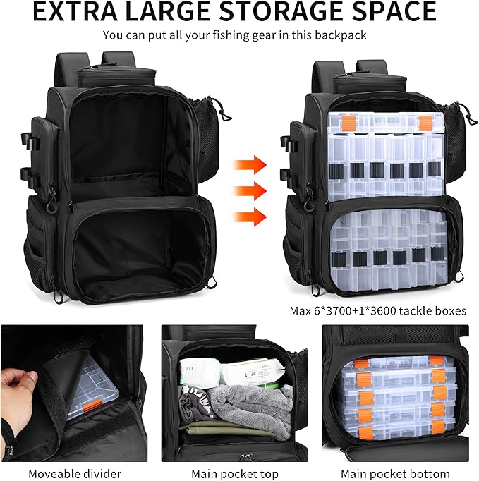 Rabjen Fishing Tackle Backpack with Rod Holders, Bottle Holder, Storage Bag Store Fishing Gear