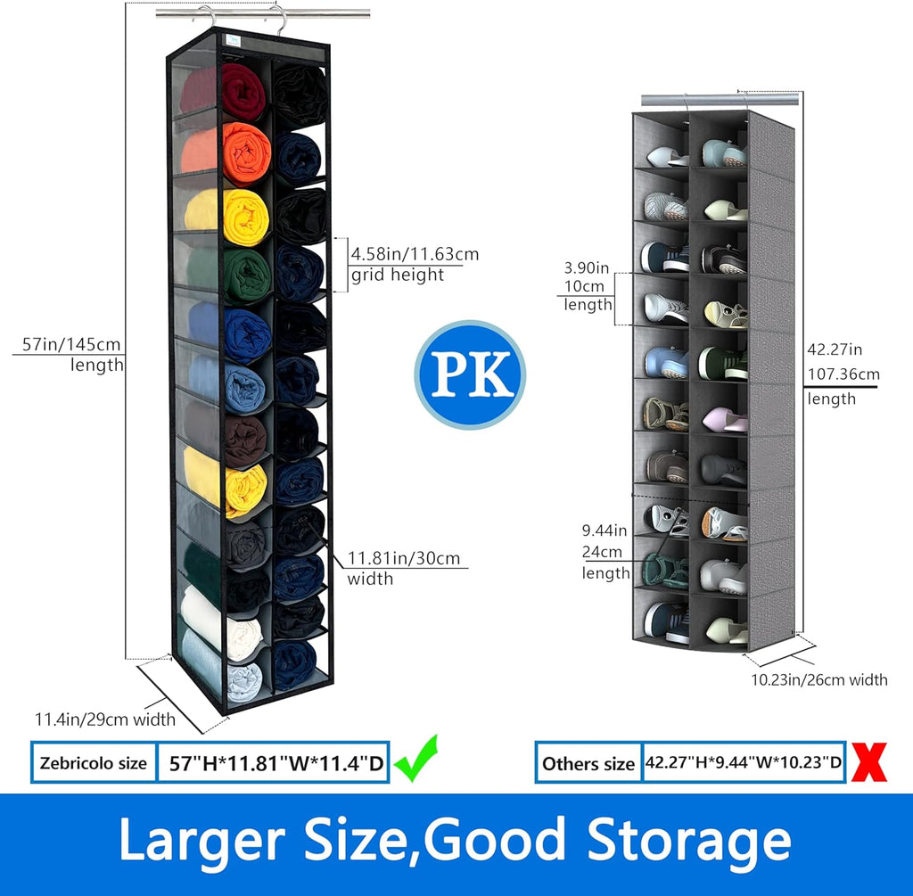 Closet Organization,24 Section, Hanging Closet Organizer, Space Saving, College Dorm Essentials for Girls, Heavy dutys Hooks Up to 45 Pounds, Clothes Storage,Closet Organizer,Grey/Black