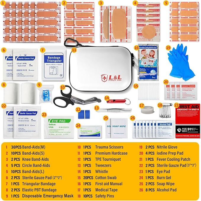120-Piece First Aid Kit for Travel,Car & Emergency Survival - Compact Waterproof Medical Supplies with Trauma Bandages,Burn Gel & Fever Cooling Patch | Portable for Camping,Hiking,Sports(White)