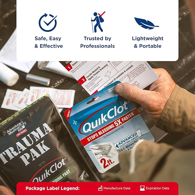 Adventure Medical Kits QuikClot Gauze - for Emergency Survival Kit, Doomsday Prepping Supplies & More - Stops Bleeding Fast with Kaolin - Flexible Hemostatic Medical Gauze - 3" x 24"