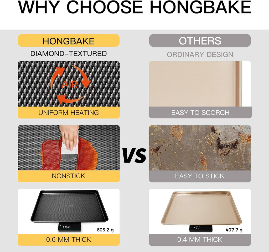 HONGBAKE Jelly Roll Pan 15x10, Cookie Sheets for Baking with Diamond Texture, Baking Sheets Non Stick, Non Toxic Oven Trays for Cooking, Heavy Duty 57% Thicker Carbon Steel, Dark Gray