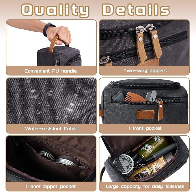 Travel Toiletry Bag for Men, Large Water-resistant Shaving Bag Toiletries Organizer, Canvas Dopp Kit, Multi-functional and Stylish, Bathroom Dopp Kit Shaving, Ideal for Travel, Camping, Gym- Black