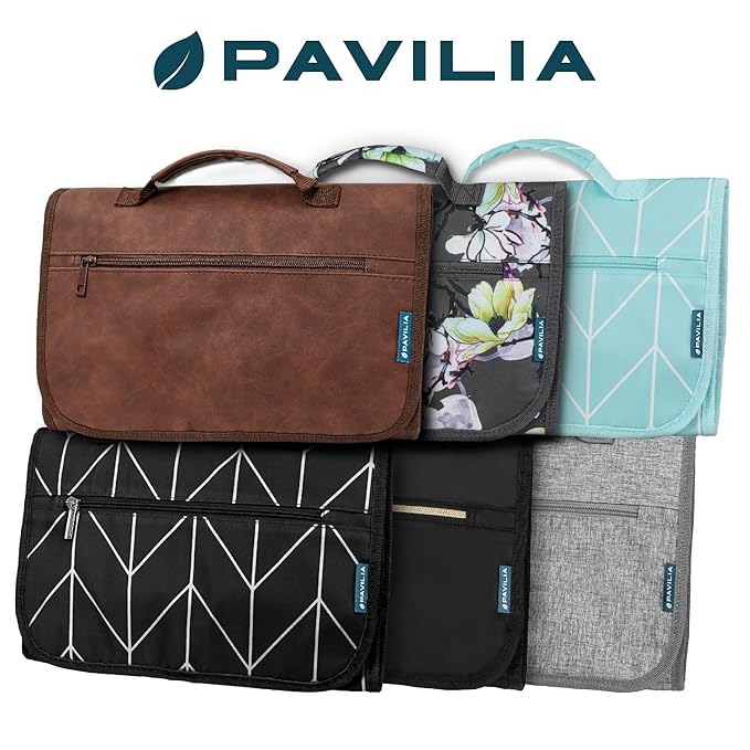 PAVILIA Hanging Toiletry Bag Men Women, Travel Kit Foldable Large Toiletries Organizer, Roll up Cosmetics Makeup Bag Accessories, Waterproof Essentials Dopp Case (Brown)
