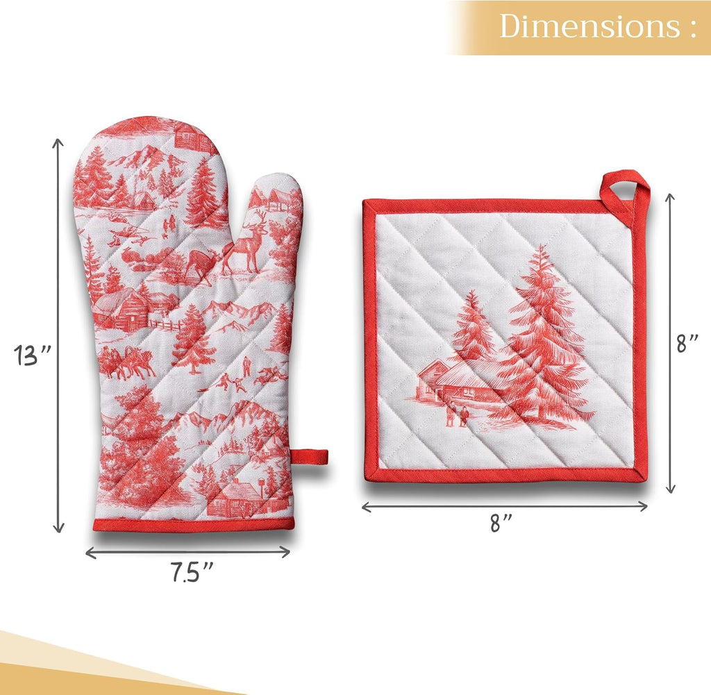 Maison d' Hermine 100% Cotton Oven Mitt & Pot Holder Set (7.5"x13" & 8"x8") Heat Resistant BBQ Cooking Gloves with Loop, Baking, Grilling, Kitchen, Handling Hot Pans (Winter Jouy)