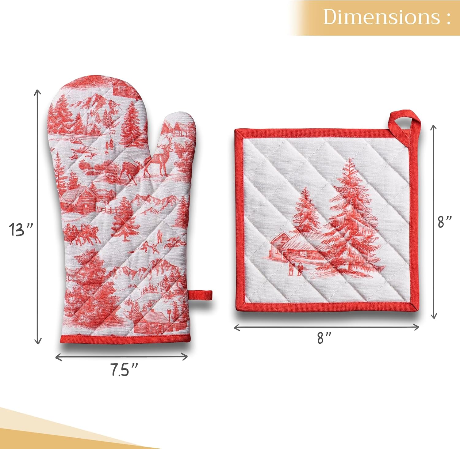 Maison d' Hermine 100% Cotton Oven Mitt & Pot Holder Set (7.5"x13" & 8"x8") Heat Resistant BBQ Cooking Gloves with Loop, Baking, Grilling, Kitchen, Handling Hot Pans (Winter Jouy)