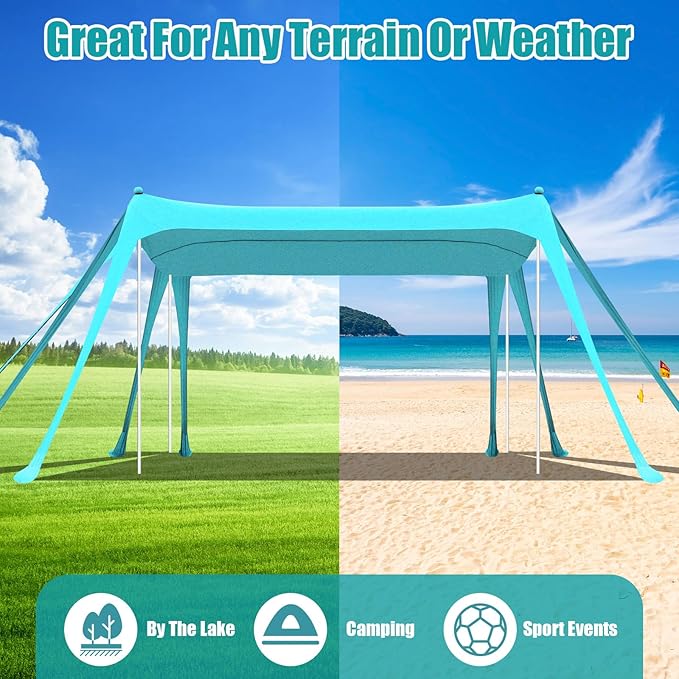 Beach Tent Sun Shelter UPF 50+ Beach Shade Canopy Pop up Tent Portable Cabana Outdoor with Aluminum Poles Sandbags Sand Shovel for Camping Fishing Trip Picnic Party