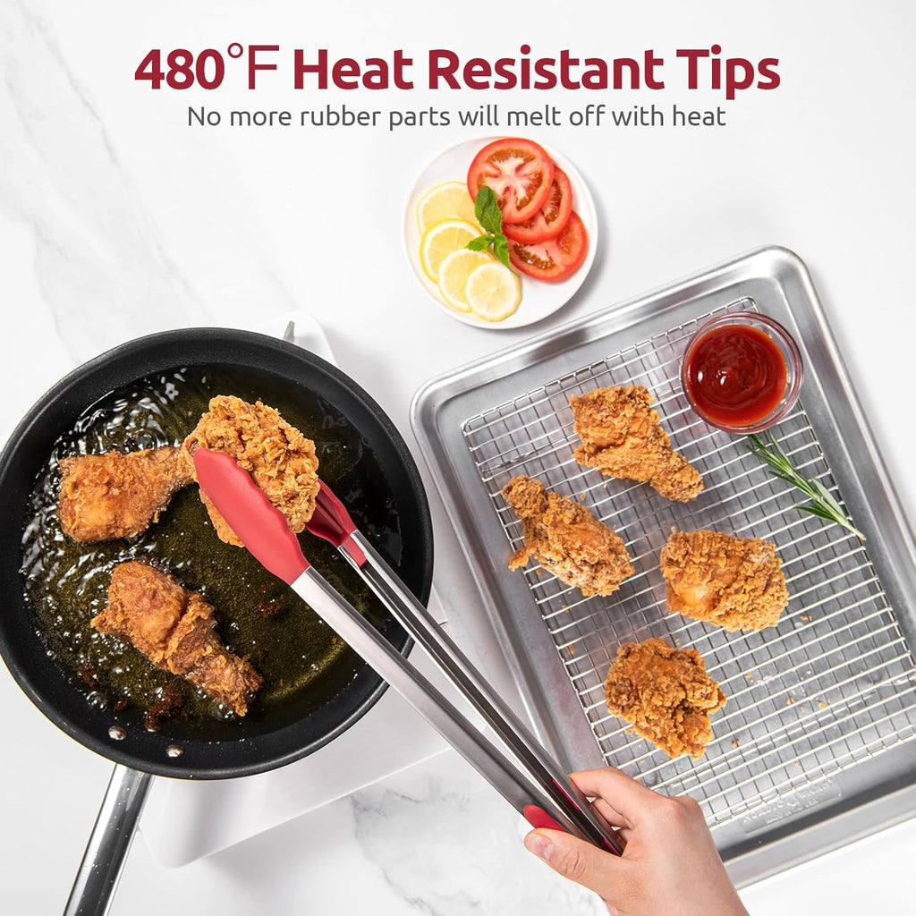 Heat Resistant Silicone Kitchen Tong: U-Taste 16 inch Extra Long Large 480ºF Hot Proof Cooking Tong with Sturdy Non Stick Rubber Tips & Non Slip Silicon Coated Steel Handle for Grilling BBQ (Red)