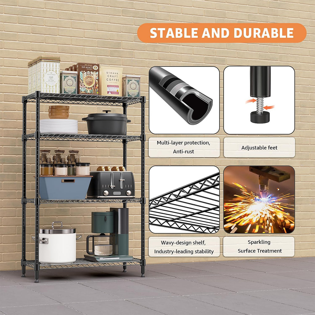1400 lbs 4 Tier Storage Rack Metal Wire Shelving Unit, Storage Standing Household Shelf Organizer for Kitchen Pantry Closet Garage Basement Utility Room, Black 15.8" D x 45.3" W x 59.4" H