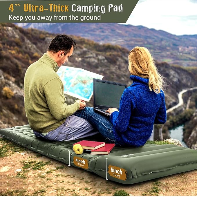 Elegear Self Inflating Sleeping Pad for Camping, 4" Ultra-Thick Camping Mattress Pad with Pillow Built-in Foot Pump, Portable Sleeping Mat for Backpacking, Hiking, Tent