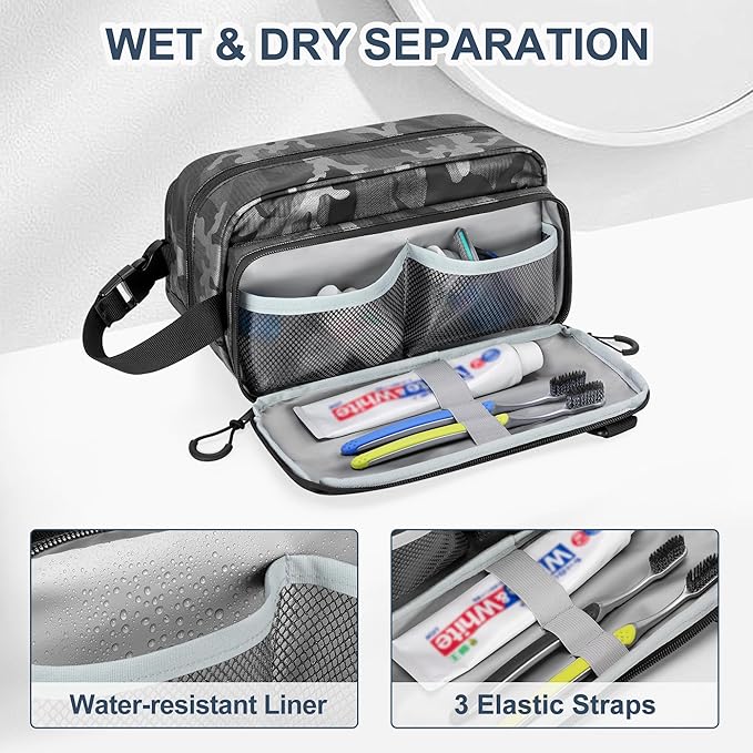 Toiletry Travel Bag for Men Tactical Hygiene Bag, Shaving Kit Toiletries Organizer Dopp Kit with Large Capacity, Black Camo(Empty Bag Only)