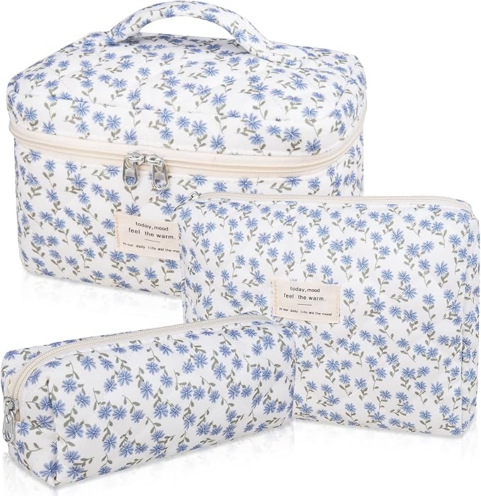 Makeup Bag Set, Quilted Makeup Bag, Large Floral Cosmetic Bag for Women, Cute Cotton Makeup Bags, Flower Travel Toiletry Organizer Bag (Blue Peacock Flower)