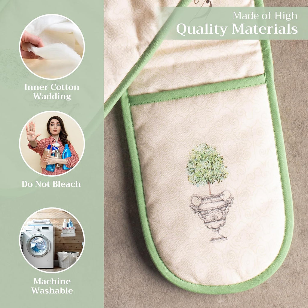 Maison d' Hermine Double Oven Mitts 100% Cotton 7"x35" Double Oven Mitt Heat Resistant BBQ Cooking Gloves with Loop, Baking, Grilling, Home, Kitchen, Handling Hot Pans Spring Summer (Jardin Du Roy)