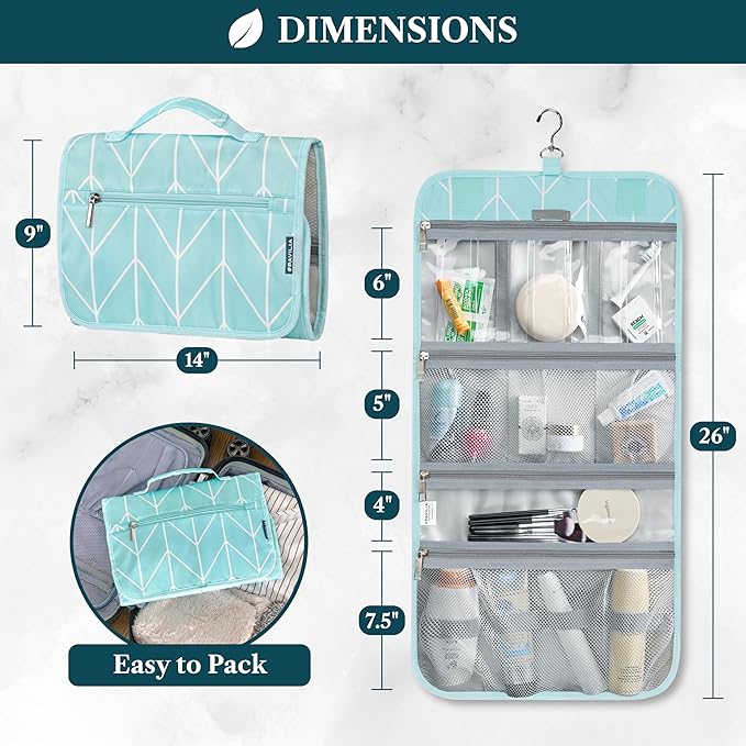 PAVILIA Hanging Toiletry Bag Women Men, Travel Kit Foldable Large Toiletries Organizer, Roll up Cosmetics Makeup Bag Accessories, Waterproof Essentials Jewelry Case (Teal Chevron)
