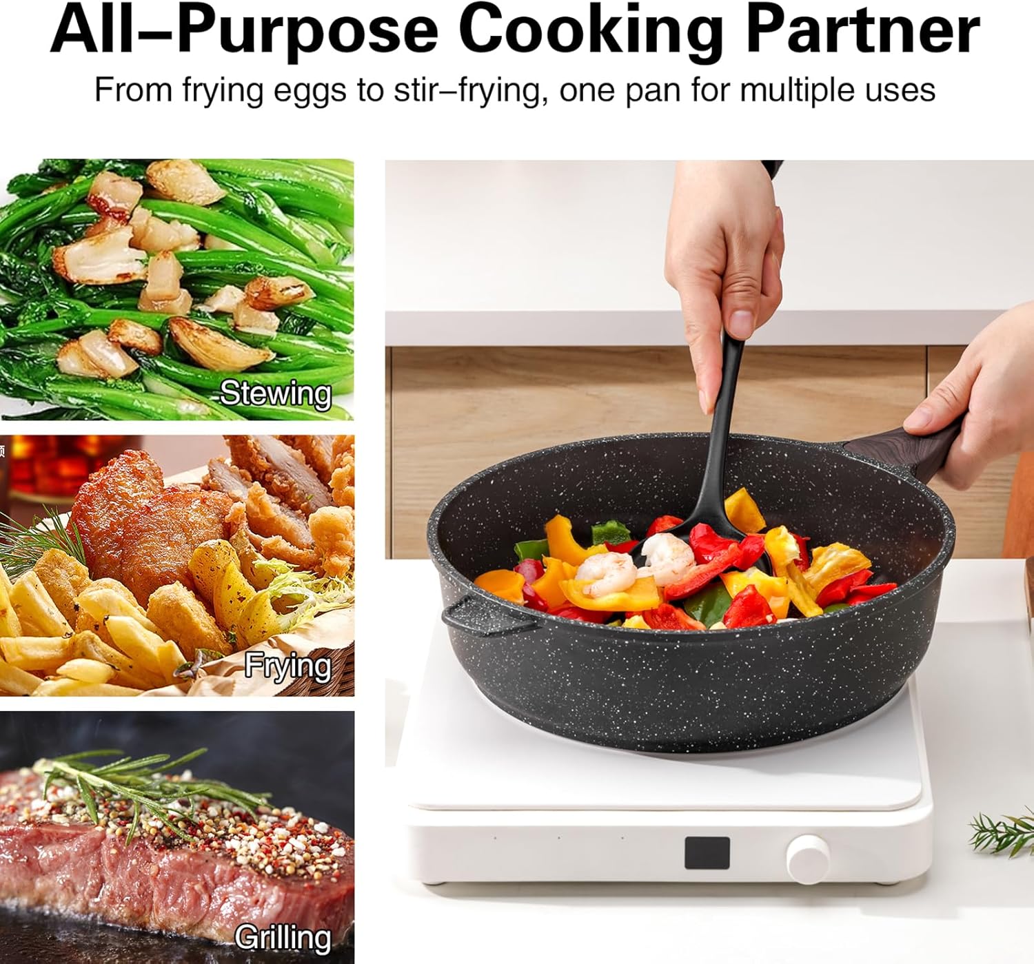 Nonstick Deep Frying Pan with Lid, 12 Inch Large Skillet, 5 Qt Non Stick Saute Pan for Cooking, Healthy Induction Cookware, PFOA Free