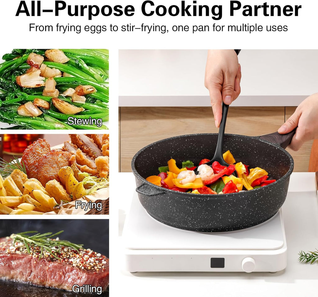 Nonstick Deep Frying Pan with Lid, 11 Inch Non Stick Skillet, Saute Pan for Cooking, Healthy Induction Cookware, PFOA Free